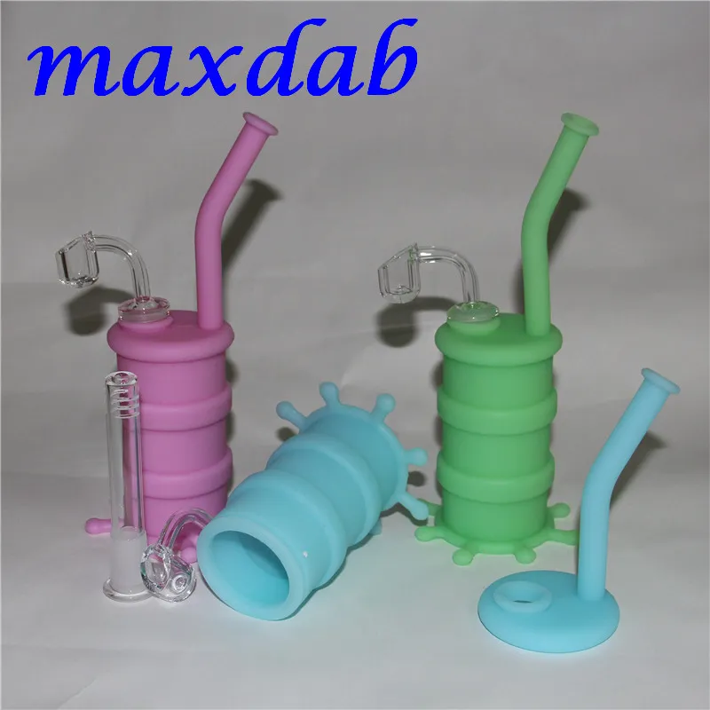 Mini Luminous Bong hookah dab Rigs Silicone Oil Drum Water Pipe With Glass Downstem and 14mm quartz bangers