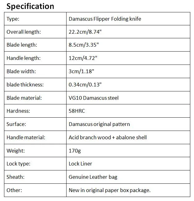 최고 품질의 VG10 다마스커스 플리퍼 접이식 칼 58HRC 산성 지점 나무 + 전복 쉘 손잡이 EDC 포켓 니프 선물 나이프 크리스마스 선물