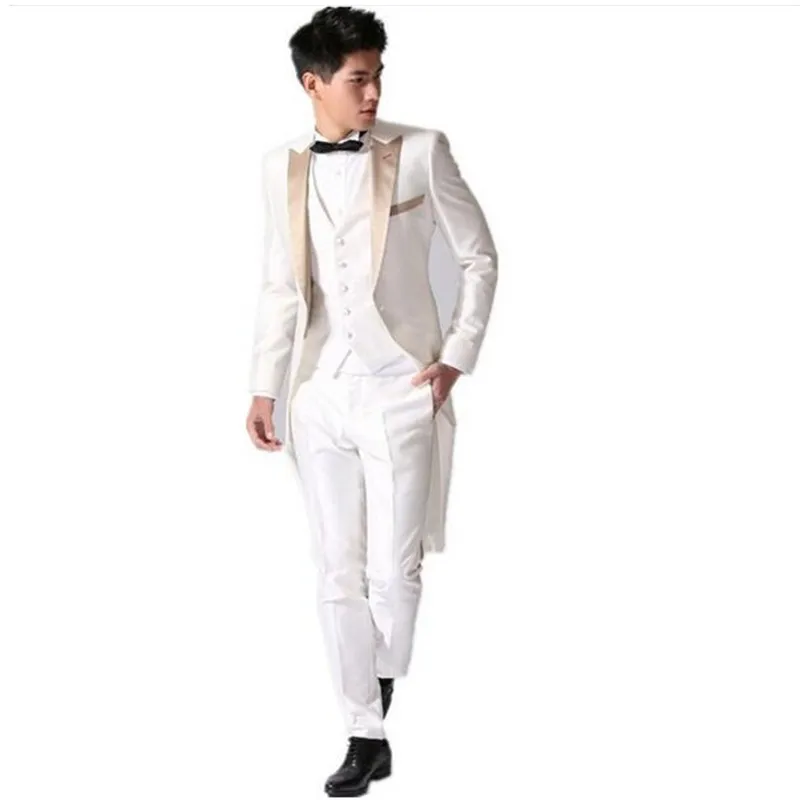 Новый высококачественный мужской выпускной вечеринка смокинг белый элегантный джентльмен свадебный жених формальные костюмы четырех частей куртка + брюки + жилет + галстук