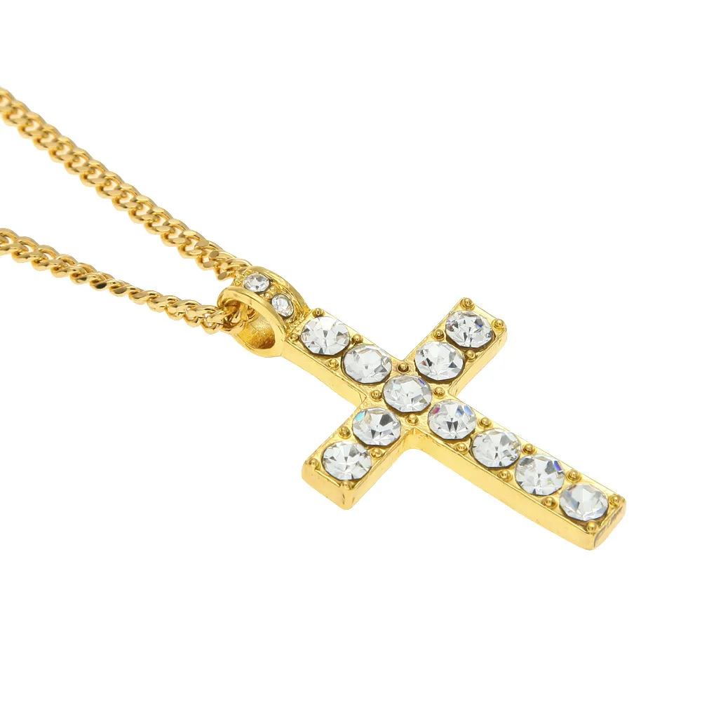 Hip Hop Cross Pendant Men Women Iced out Gold Silver Color Bling Rhinestone Crystal Cross Pendant Necklace Chain Drop Shipping