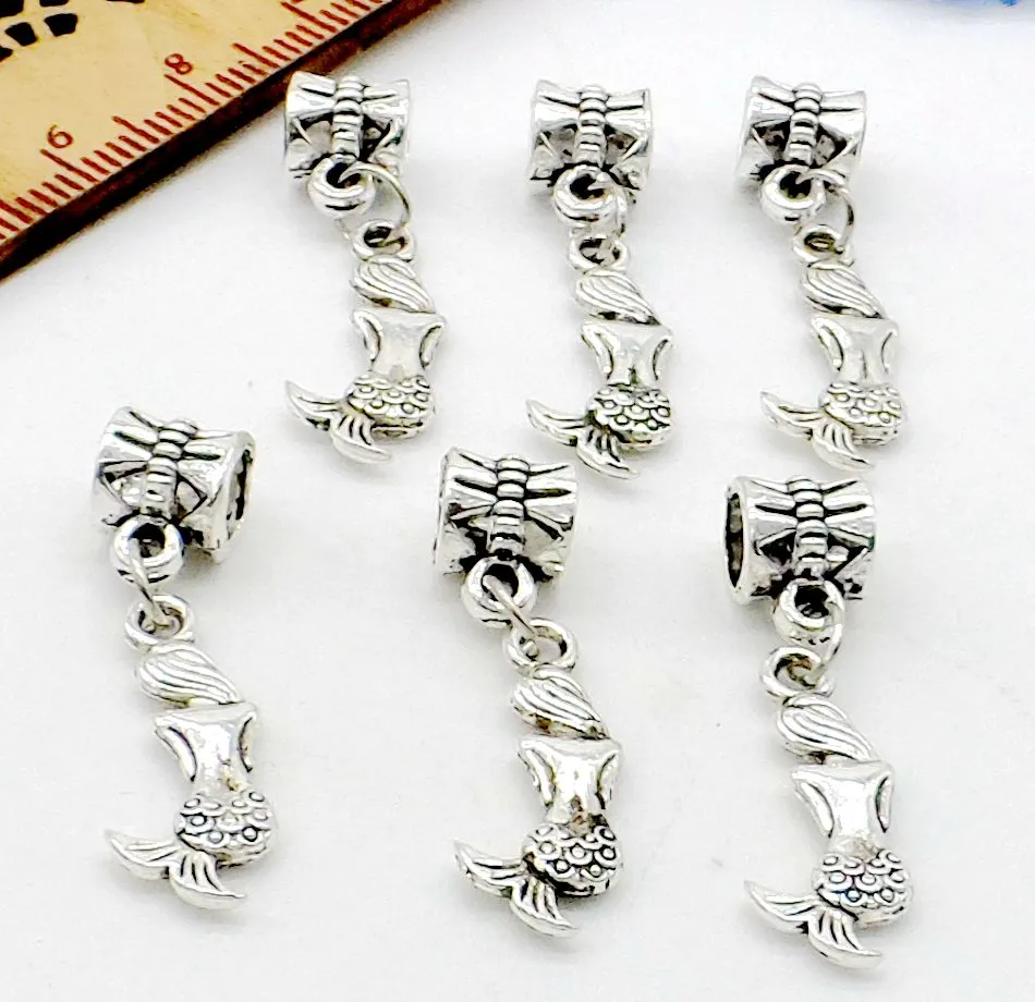 100 Adet / grup tibet Gümüş alaşım Mermaid Charms Dangle Boncuk Fit Avrupa kolye Bilezik Takı Yapımı Diy 31x7mm delik 4mm