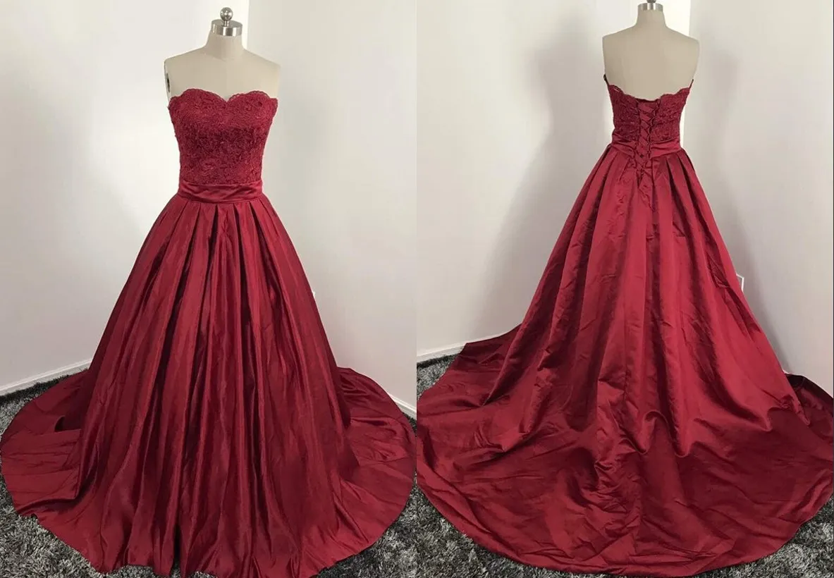 2018 Dark Red Real Photos Cheap Wedding Dresses Gown Sweetheart Applique Lace up Back Satin Ruched Court Train Wedding Gowns Custom