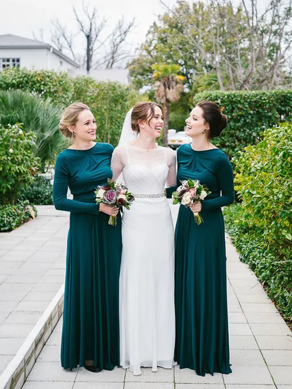 Drak Green Modest Bridesmaid Dresses Long With Long Sleeves A-line Rustic Country Jersey Wedding Party Gowns Custom Made New Maids of Honor