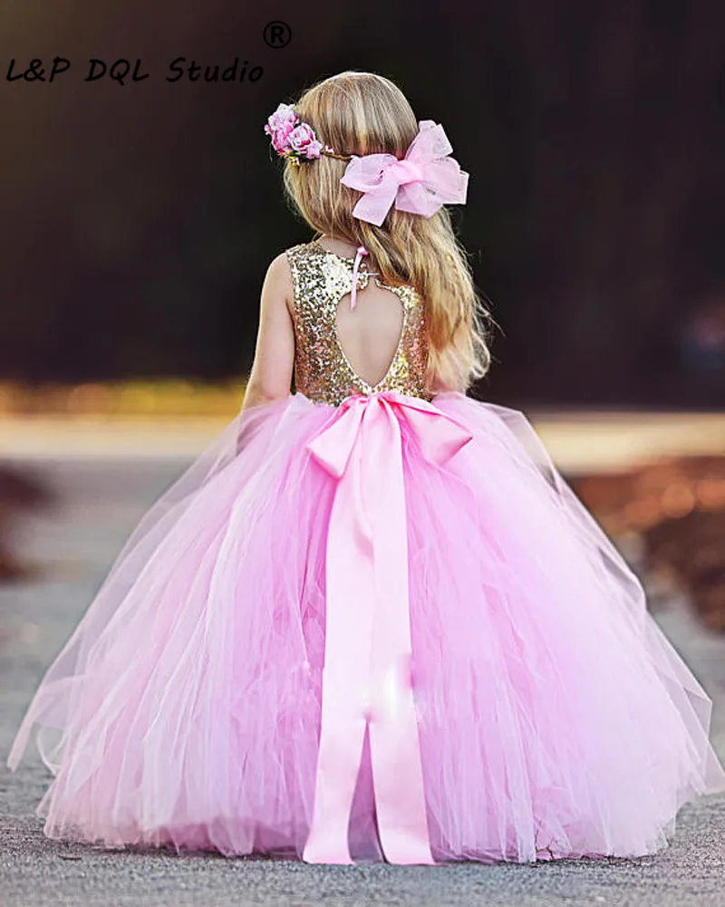 Pink And gold Sequined Flower Grils Dresses Scoop Open Back Ball Gown Floor Length Soft tulle Girls Party Dresses Champagne,Mint Cheap