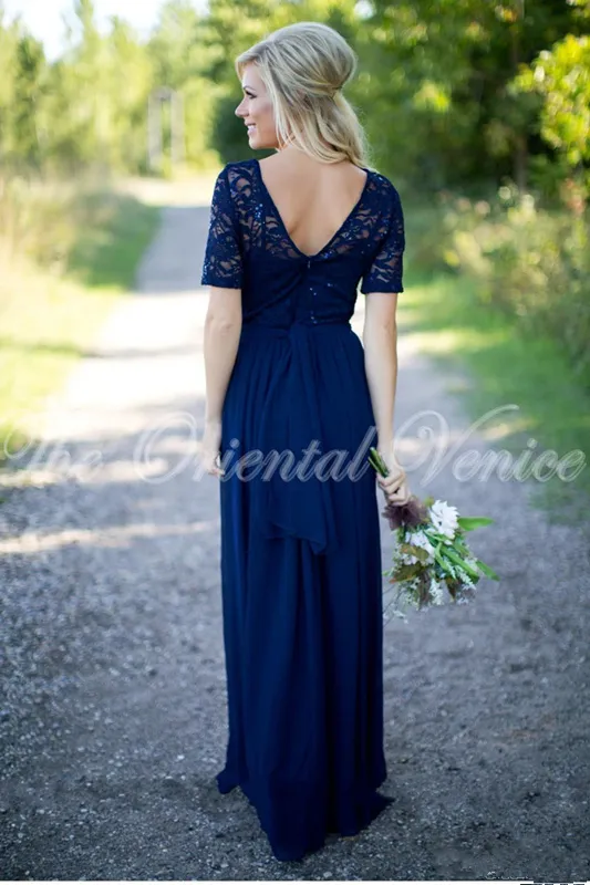 Abiti da damigella d'onore lunghi blu scuro con paillettes in pizzo Junior Abiti da damigella d'onore lunghi in chiffon Lunghezza al pavimento Abiti da damigella d'onore lunghi da donna Manica corta