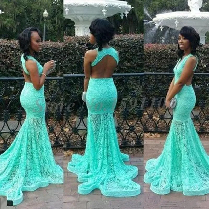 2K17 New Turquoise Lace Prom Dresses Mermaid V Neck Sexy Cutaway Backless Fashion African American Long Evening Gowns Red Carpet Dresses