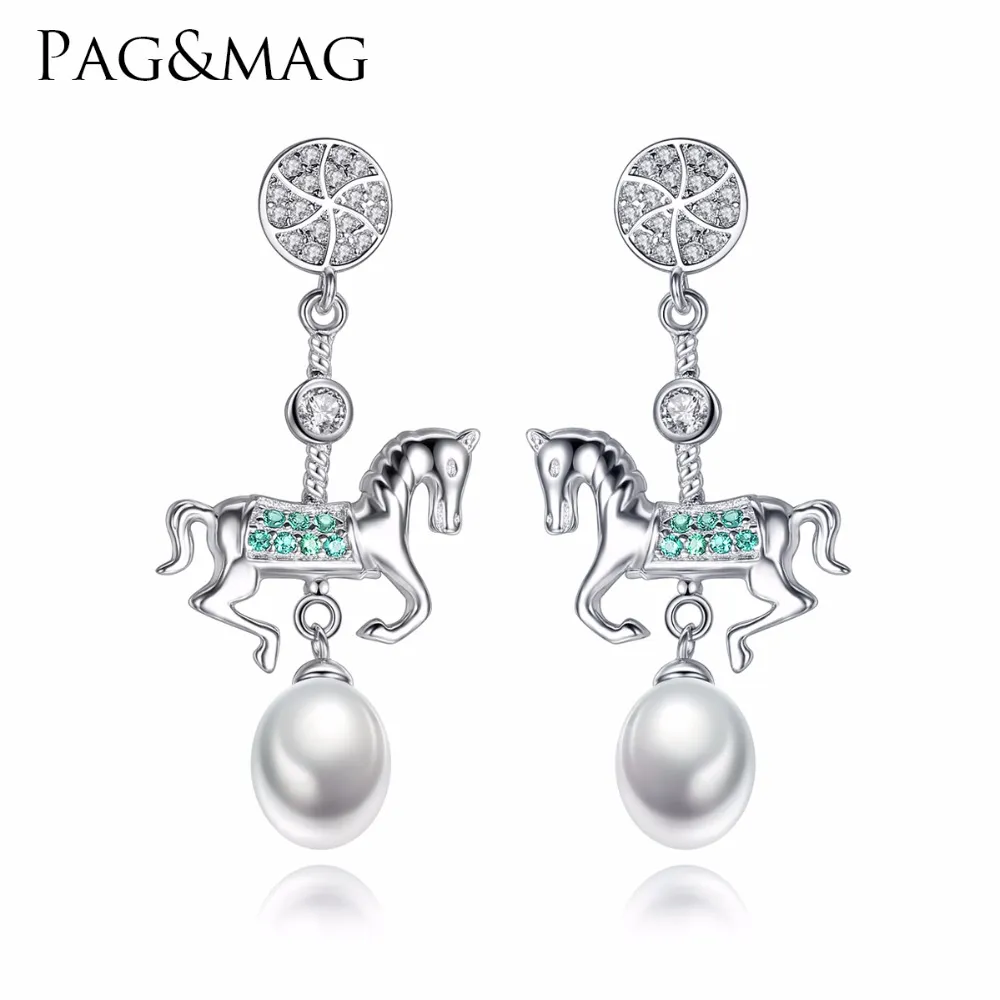Pagmag 925 Sterling Silver Fashion Contract Carousel Drop Actors for Girl Natural Pearl Pendant Earrings Women Jewelry