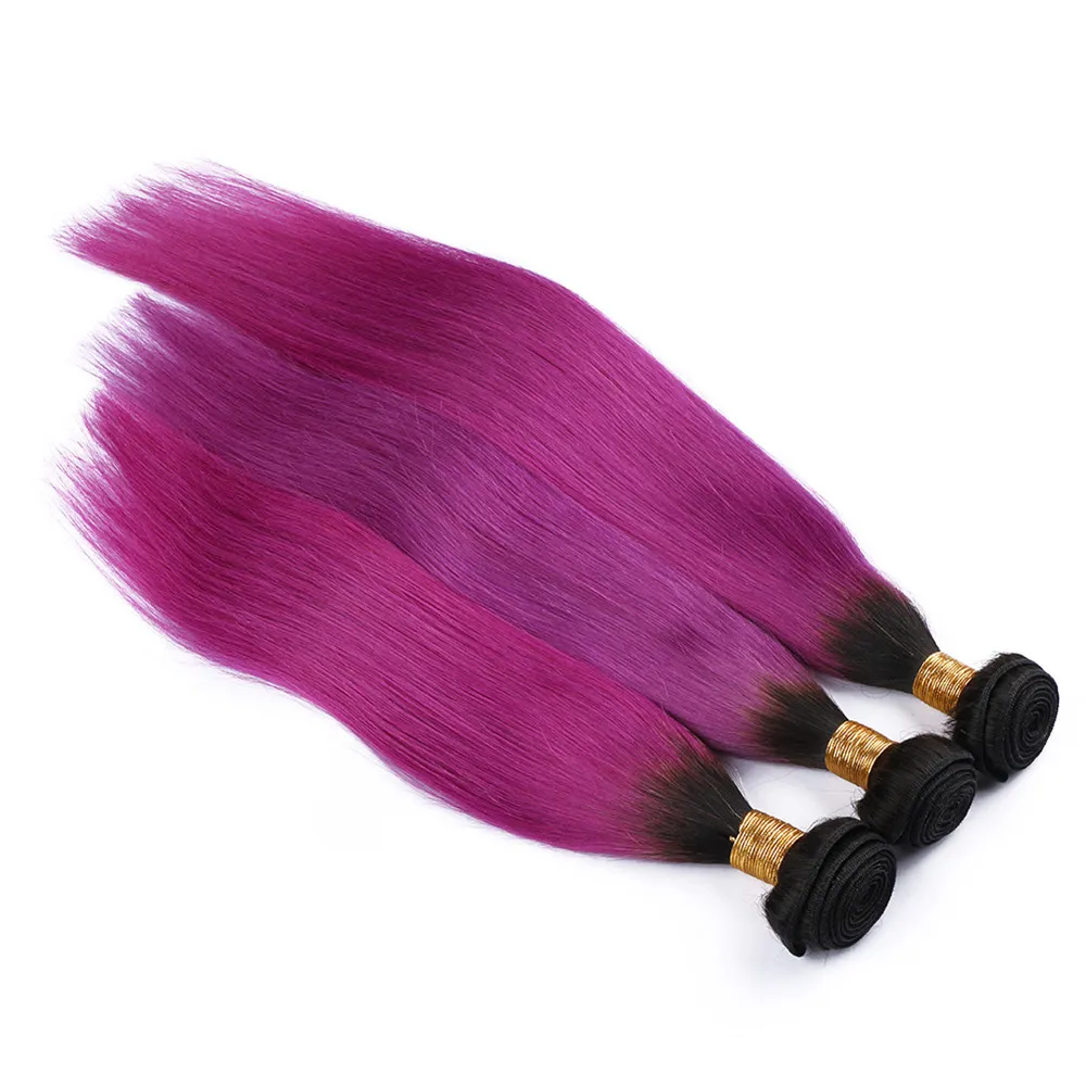 Dark root Rose Red colored ombre two tone straight hair extension 1b pink color hair extension Pink Color Cosplay Hair Extension