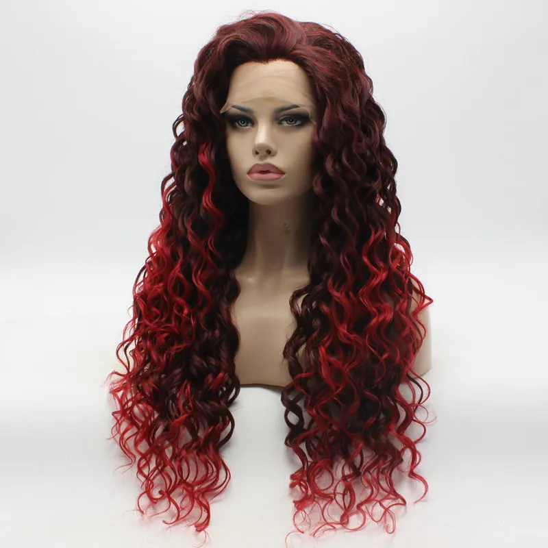Iwona hår curly long auburn root röd ombre peruk 18333100 halv hand bunden värmebeständig syntetisk spets front wig6142059