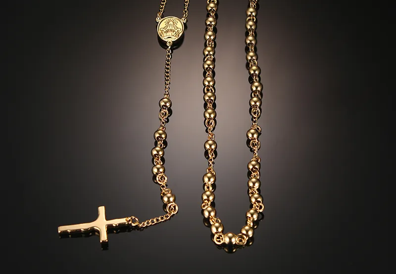 Collana con perline rosario in acciaio inossidabile color oro rosa eternamente femminile gioielli con decorazione di Cristo con ciondolo a croce da donna