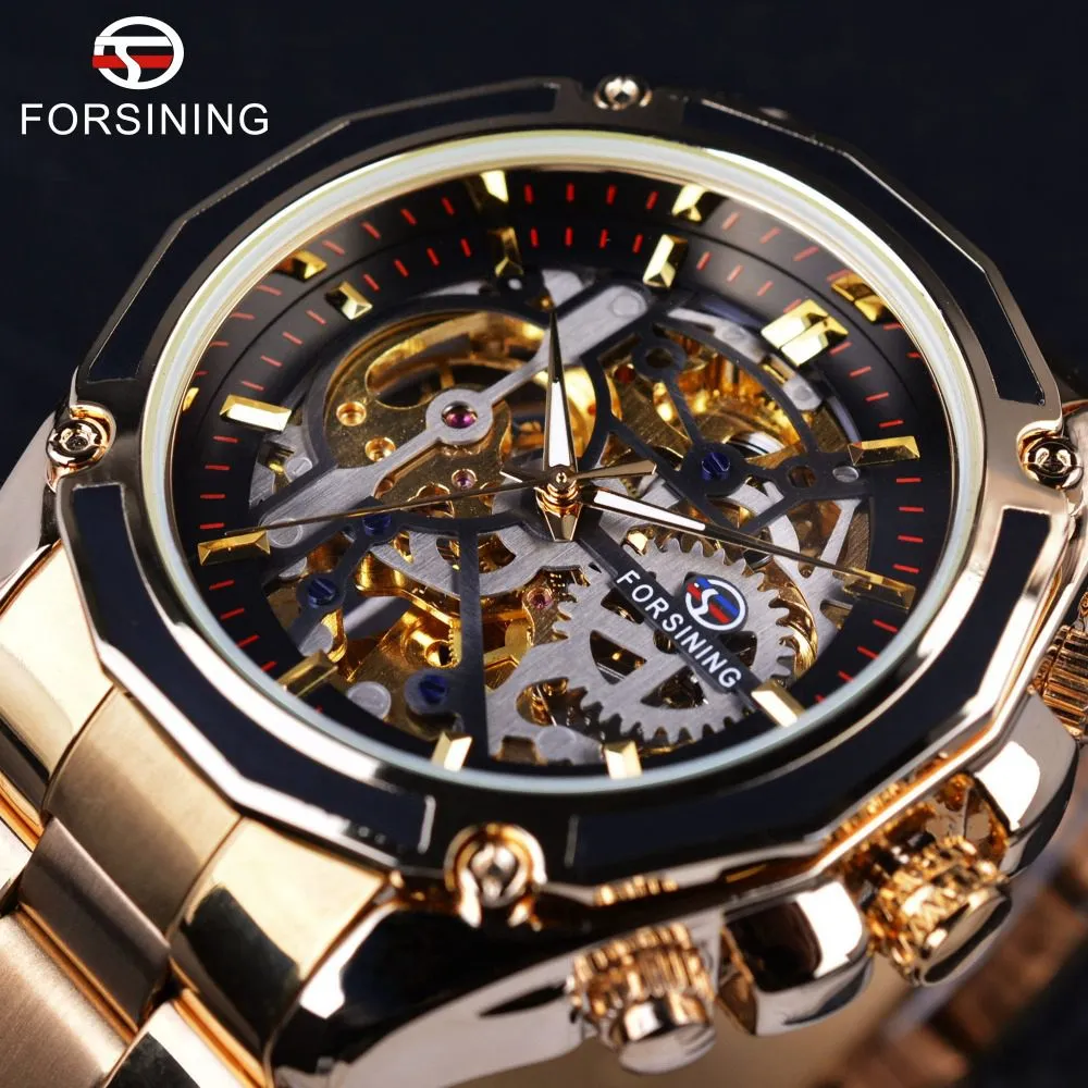 Forsing Mechanical Steampunk Design Mode Business Dress Men Watch Top Merk Luxe Roestvrij staal Automatisch Skelet