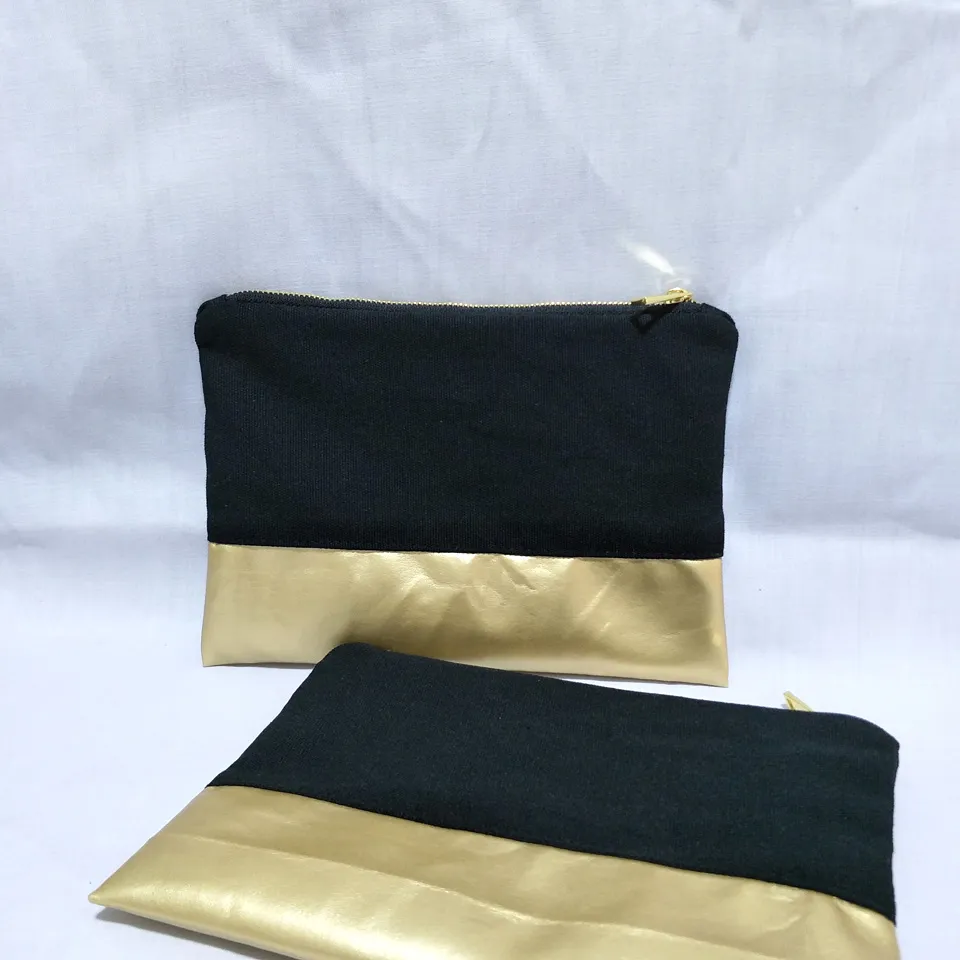 natural cotton/black canvas cosmetic bag with waterproof gold leather bottom matching color lining blank 7x10in makeup bag in stock