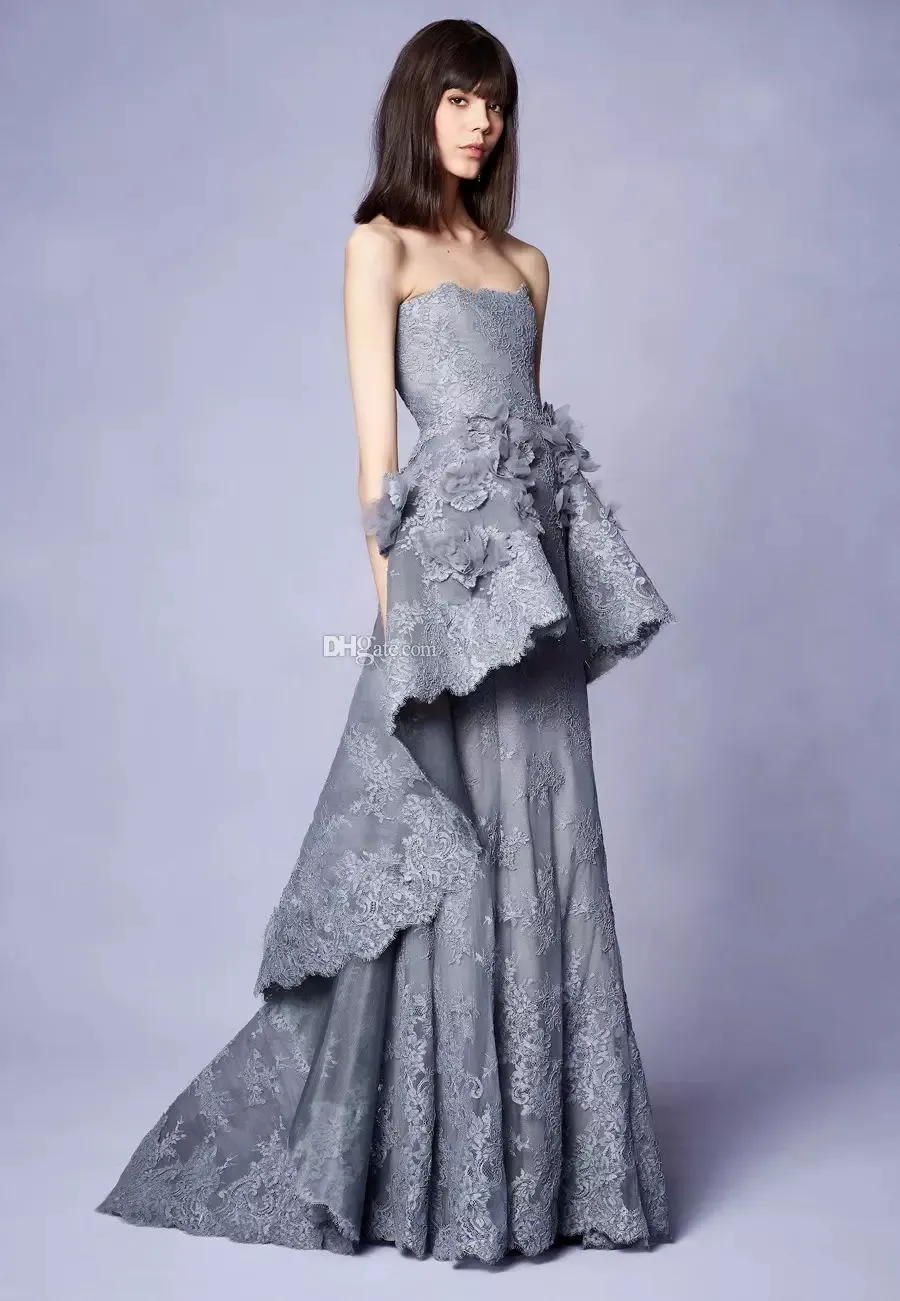 Long Grey Lace Evening Dresses Gown With 3d Floral Embellishments Strapless Neckline Party Dresses Marchesa Resort Collection