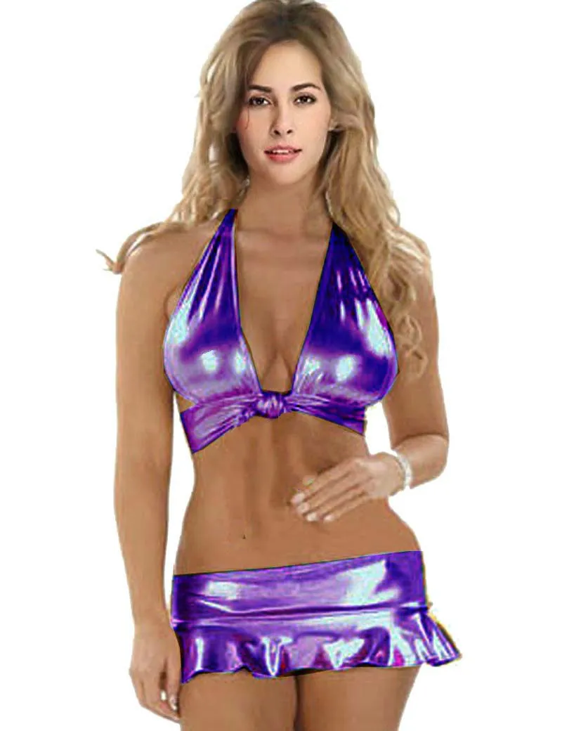 Goud / paars vrouwen sexy unpadded halter bh bikini zomer strand ondergoed glanzende bikini set metallic badmode