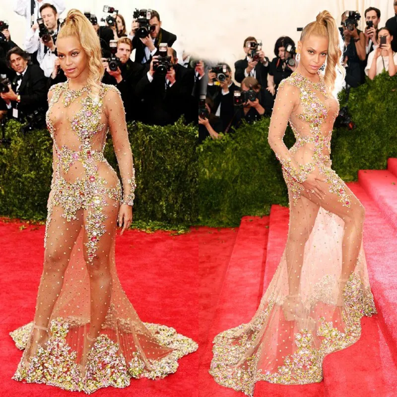 2017 Beyonce Inspired Nude Beaded Mermaid Evening Gown Sheer Long Sleeve Red Carpet Dress