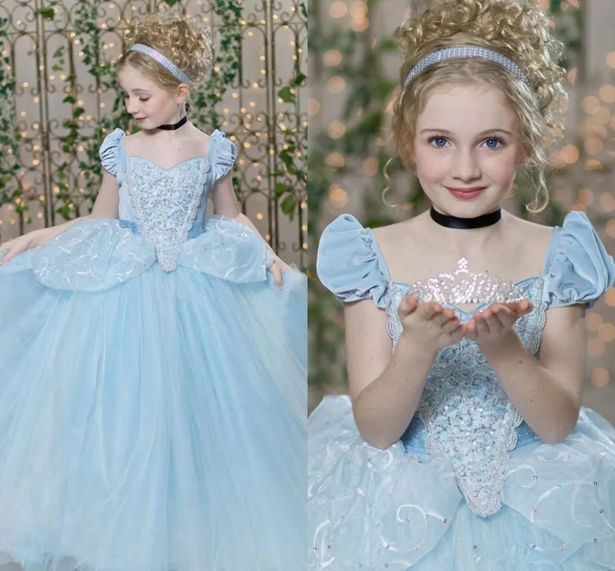 Cinderella Pageant Dresses For Teens Short Cap Sleeve Pleats Sequins Lacing Sky Blue Kids Ball Gown Flower Girl Dress Tulle Girl Prom Dress