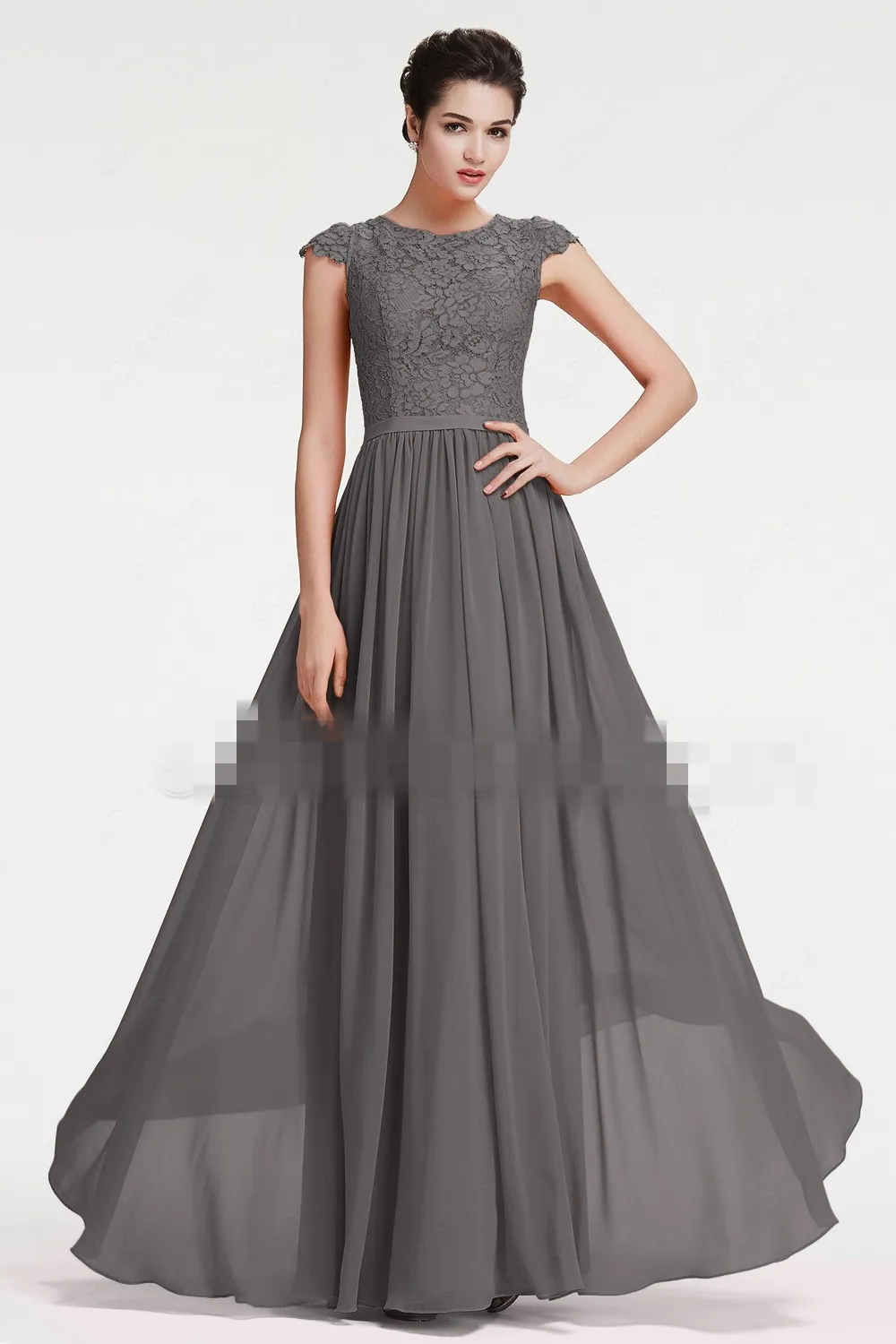 Beach Long Modest Bridesmaid Dresses With Cap Sleeves Grey Lace Chiffon Country Summer Wedding Party Gowns Maids of Honor Dress 2019