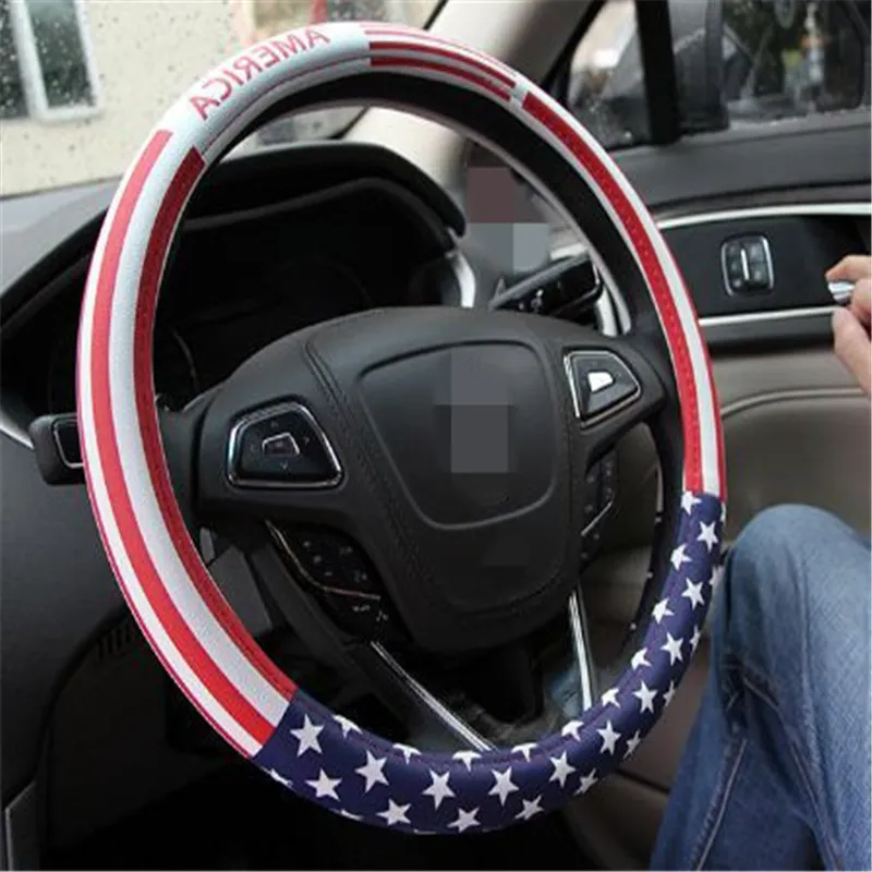 Elegante coprivolante in pelle PU Coprivolante per volante Il volante con stampa della bandiera nazionale USA copre le auto atp210
