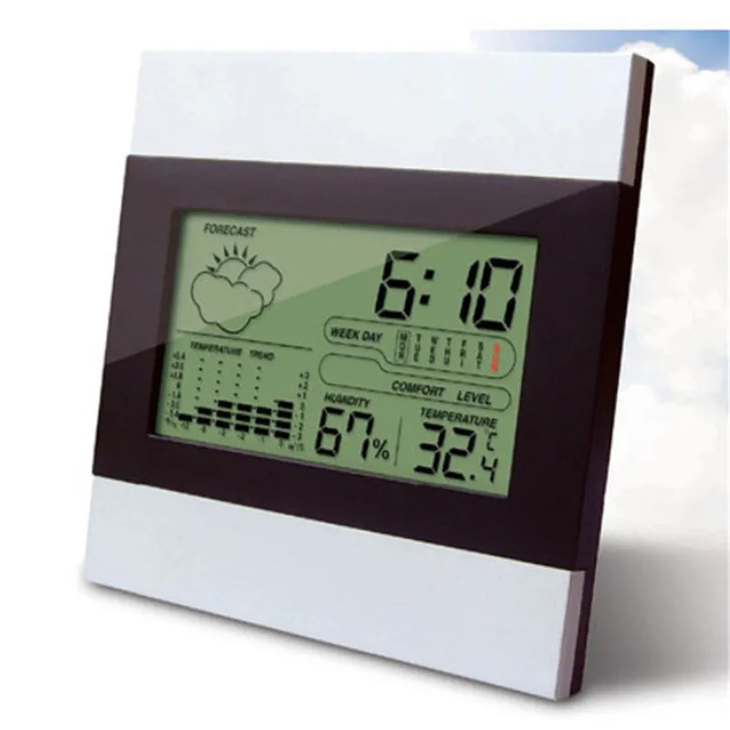 Digitale LCD-batterij Thermometer Tijd Alarm Weer Hygrometer Klok Huis Groot scherm Elektronische vochtigheid Thermometer Kerstcadeau