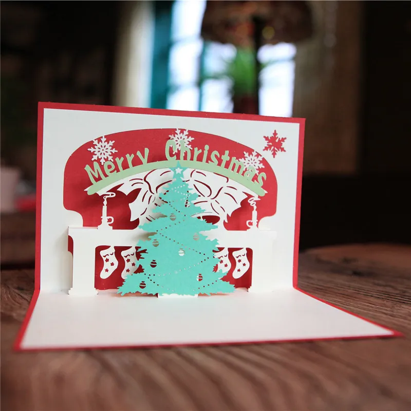 Handmade Merry Christmas Tree Greeting Cards Creative Kirigami Origami 3D Pop Up Card For Kids Friends