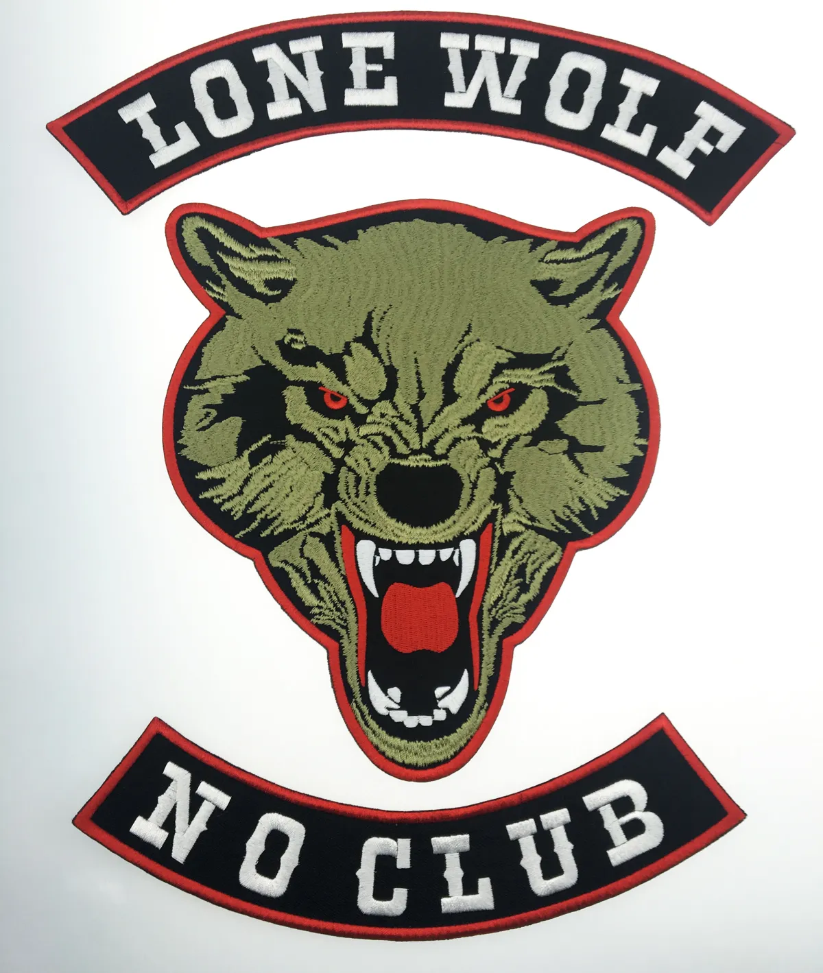 Fashion LONE WOLF LONE WOLF NO CLUB MC Motorcycle Biker Embroidered Patch Iron On Jacket Vest Rider Badge Large Size Patch Free Shipping