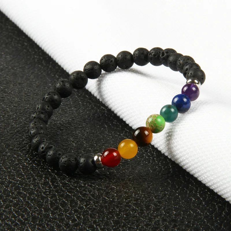Nuovo design 7 Chakra Healing Stone Yoga Meditazione Bracciale 6mm Lava Rock Stone Beads con colori misti Braccialetti di pietra Gift300G