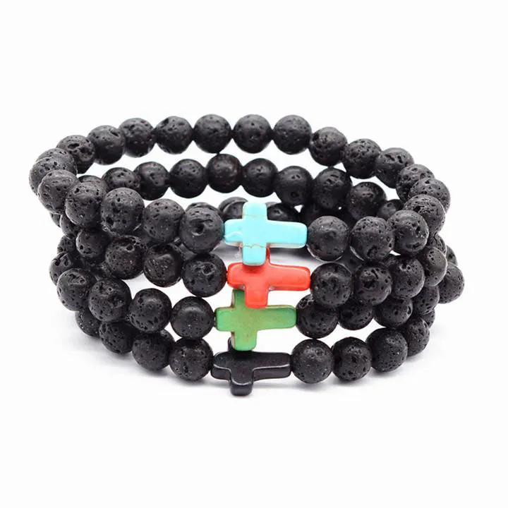 Nw Fashion Lava-rock Round Bead Cross Charm Bracciale anti-fatica Lava Brracelets Aromatherapy Rssential Oil Diffusore Gioielli