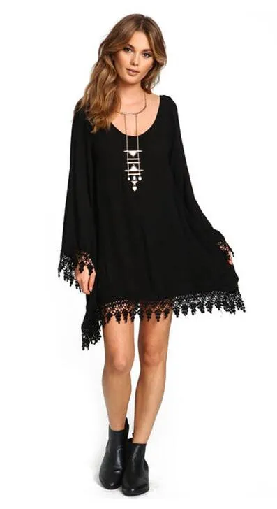 Klänningar Casual Loose Blouse Kvinnor Chiffon Tassel Sexig Mini Dress Fashion Beach Nya Plus-Store Långärmad Blusas Toppar Damkläder D547