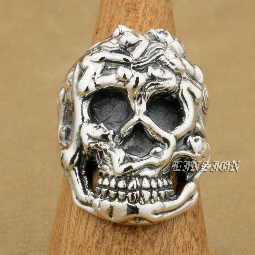 LINSION Erotischer nackter Ring aus 925er-Sterlingsilber, sexy nackte Grils, riesiger schwerer Totenkopf-Ring 9T025, US-Größe 7 bis 15292K