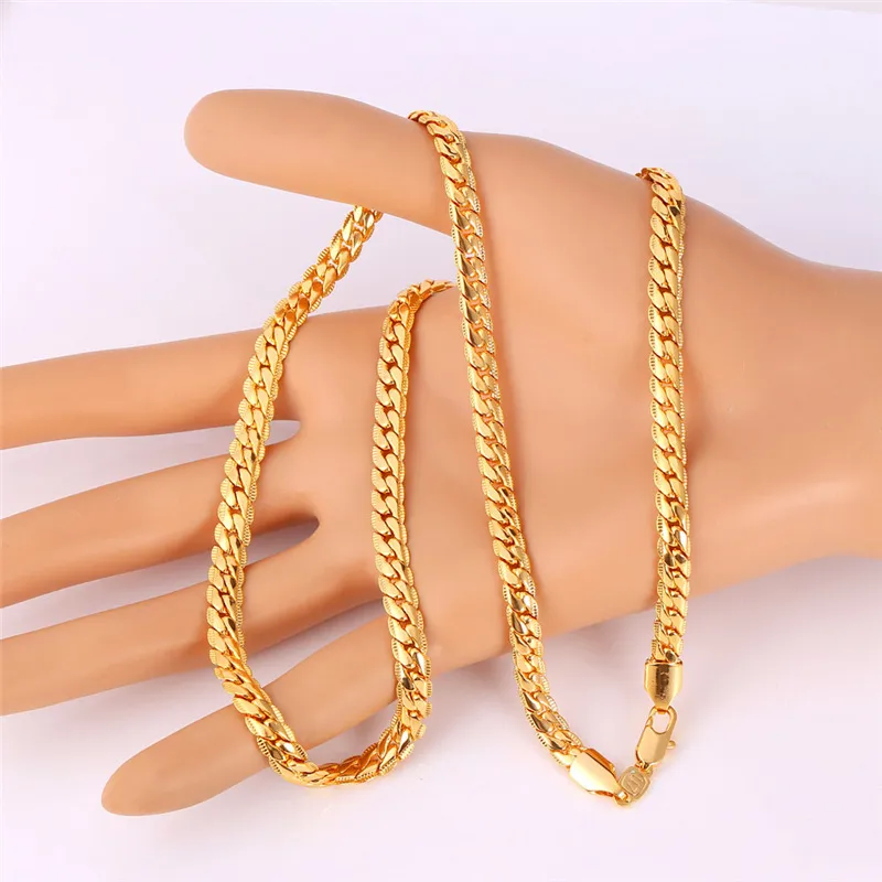 6mm 18 -32 Men Gold Chain 18Kイエローゴールドメッキジュエリー縁キューバンリンクチェーンネックレス256J