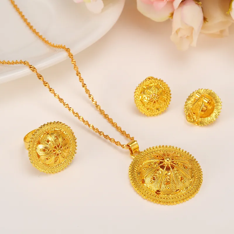 Habesha Peak Jewelry set N B E Ethiopian Bridal Wedding 14k Yellow Solid Gold Filled Pendant earrings ring whole301s