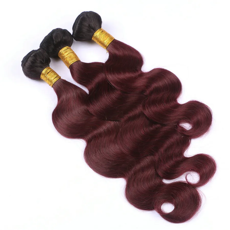 9А Dark Roots Черный до 99J Burgundy тела волны человеческих волос ткет с кружевом лобной ЗАКРЫТИЕ 4шт / Ombre перуанского Девем Утка волоса