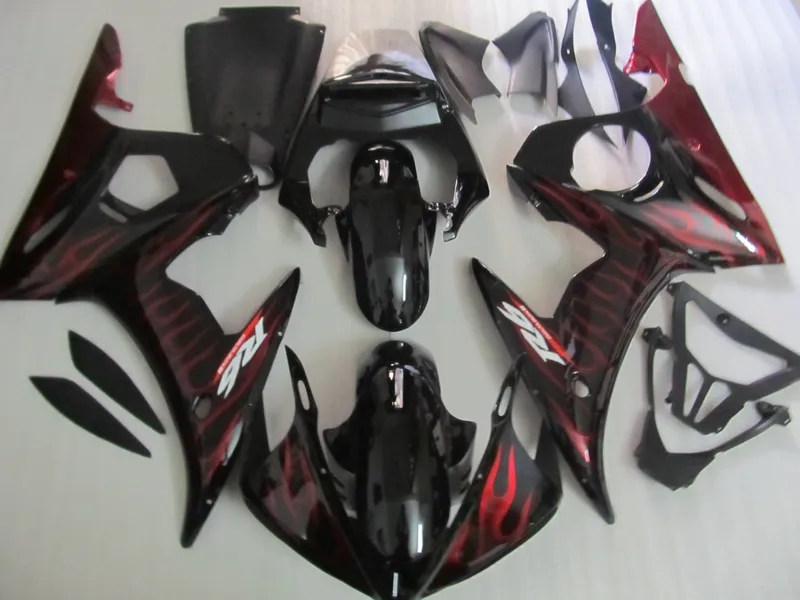 ABS Plastic Fairing Kit voor YAMAHA YZF R6 03 04 05 RODE VLAMES Black Backings Set YZF R6 2003 2004 2005 OT26