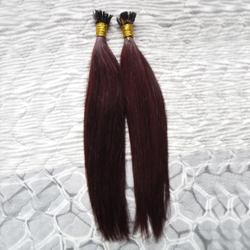 Brazylijskie Proste Włosy 99J Czerwone Wino 100g Nie Remy Stick / Flat I-Tip Hair Extensions Capsule Keratyn Fusion Hair Extensions