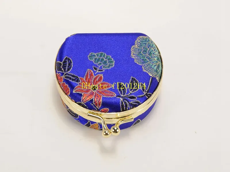 50st / mycket nyaste halvrunda bärbar liten presentbrocade satin ring box smycken lagringslåda kosmetisk fodral med spegel