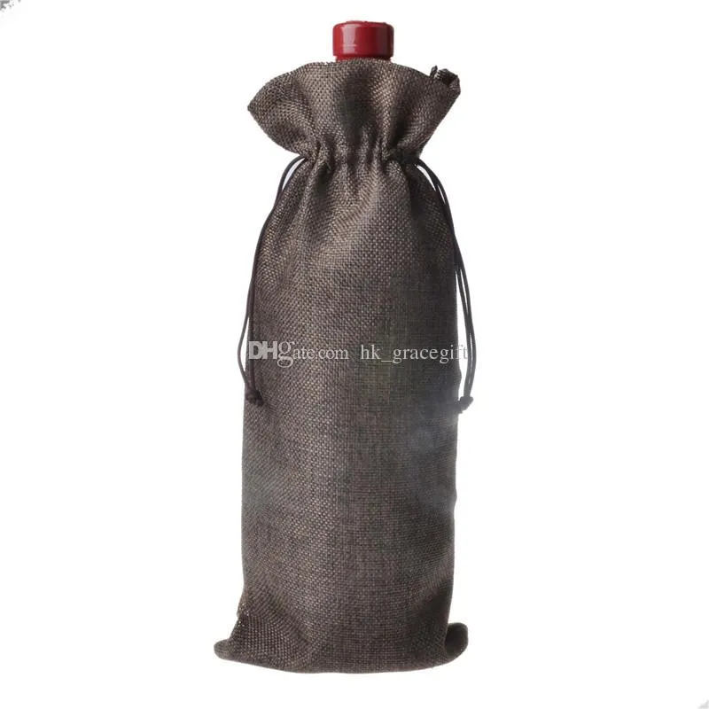 16 * 36cm Linen Drawstring red Bags Wine bottle packaging Jute pouches custom logo.