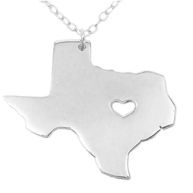 Texas Map Pendant Necklace With Love Heart rostfritt stål USA State TX Geography Map Halsband smycken för kvinnor och män