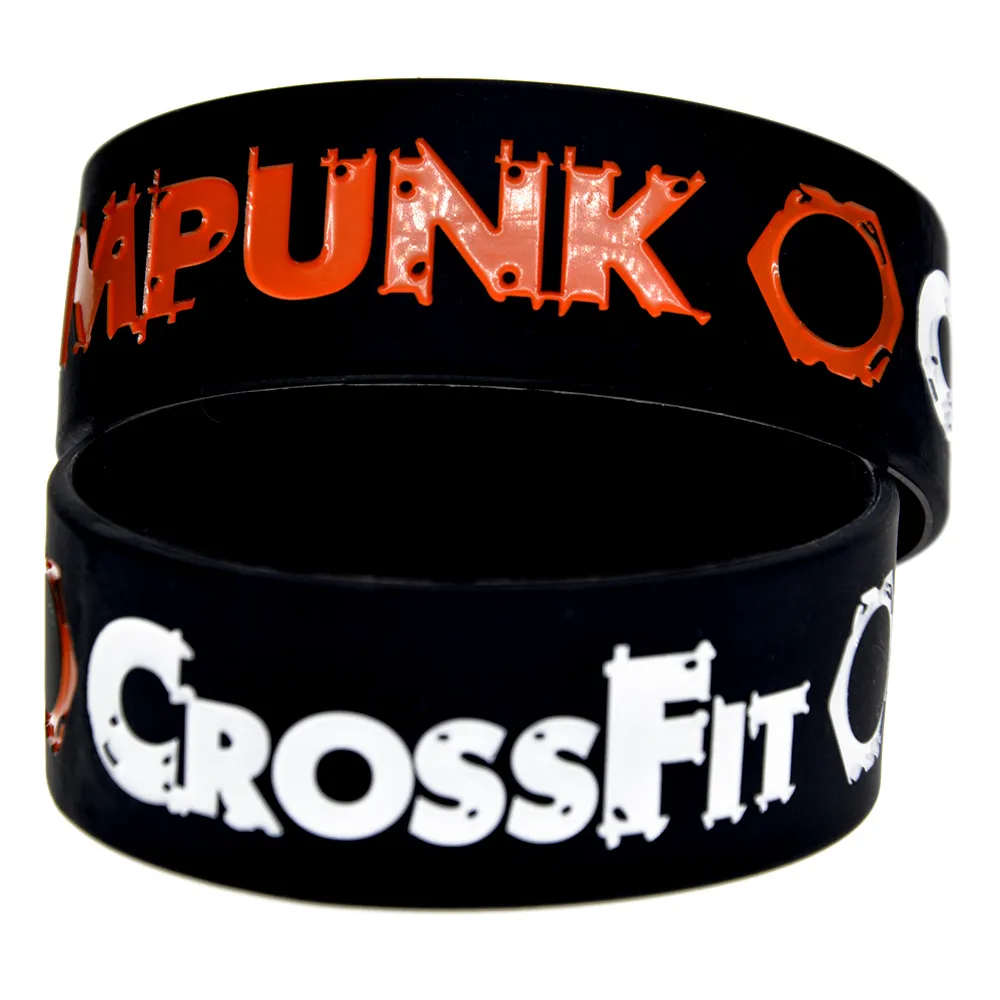 CrossFit Steampunk 실리콘 고무 팔찌 1 인치 와이드 블랙 성인 크기