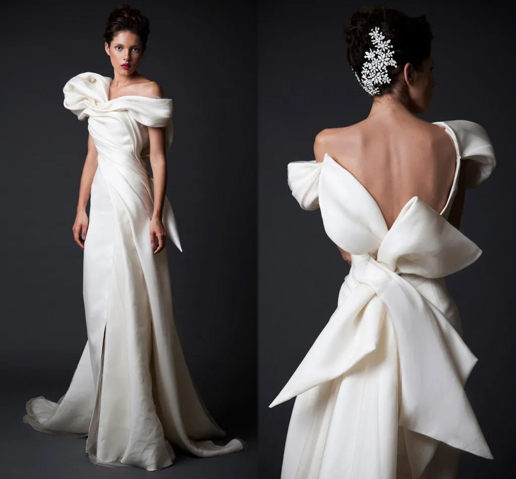 Krikor Jabotian Abiti da sera avorio Abiti su misura Abiti da cerimonia con volant arricciati Guaina con spalle scoperte Abito da festa senza schienale