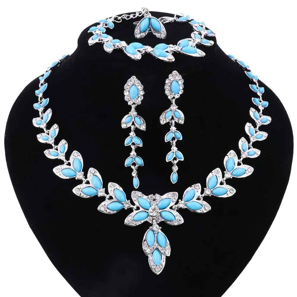 Dames Trendy Ketting Boho Blue Crystal Sieraden Sets met Oorbellen Gouden Kleur Verzilverd Verklaring Ketting voor Huwelijk