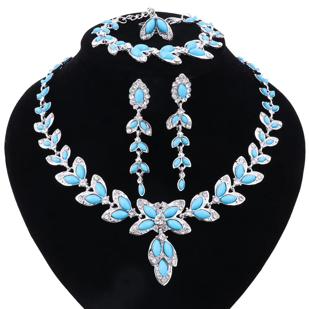 Women Trendy Necklace Boho Blue Crystal Jewelry Sets With Earrings Gold Color Silver Plated Statement Necklace For Wedding