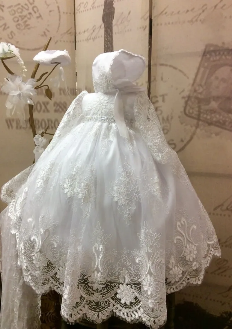 Spitze Ballkleid Baby Taufkleid Weißes Taufoutfit mit langen Ärmeln Formelle Erstkommunion für Kleinkinder und Mädchen mit Haube3255