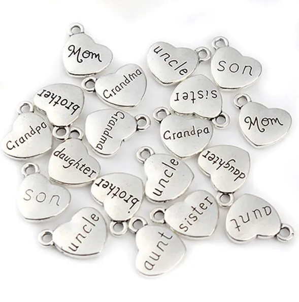 Mixed Antique Silver letter Love Heart Beads Metal Charms Words Handmade Floating Charm Pendant for Jewelry Making 15mm