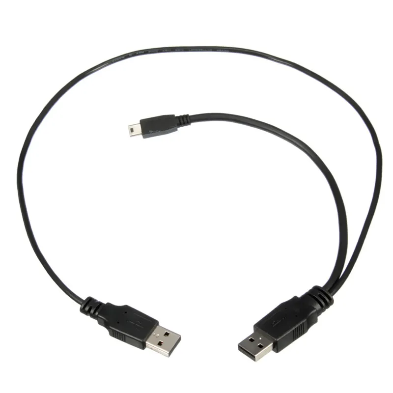 Hochwertiges, schwarzes PVC-Dual-USB-2.0-Stromversorgungskabel, Y-Form, 2 Typ A auf ein Mini-5-Pin-Festplatten-USB-Kabel, 100 Stück