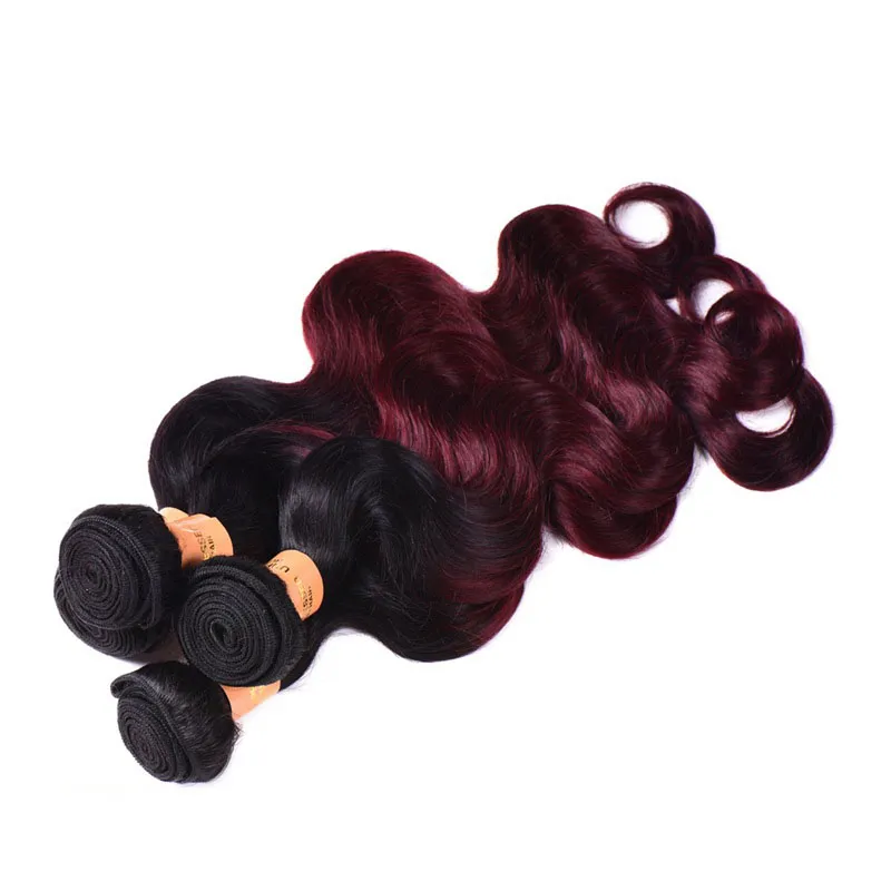 Brasilianska Ombre 1B / 99J Röd kroppsvåg Mänskligt hår 3 buntar Obehandlat Färgat Två Ton Burgund Virgin Human Hair Weaves Extensions