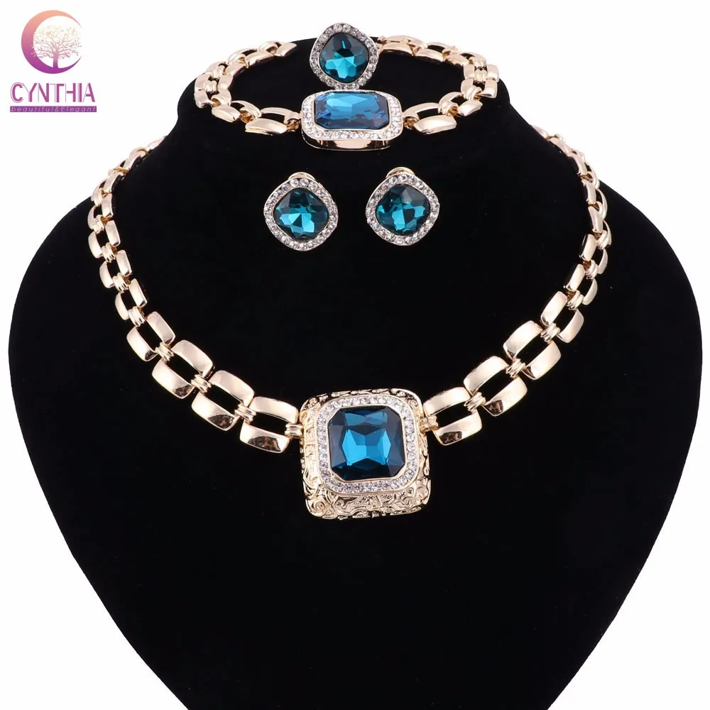 Acessórios de Festa de casamento de Cristal Gem Conjuntos de Jóias Para As Mulheres Contas Africanas Colar Pulseira Brincos Anel Set Presente de Natal