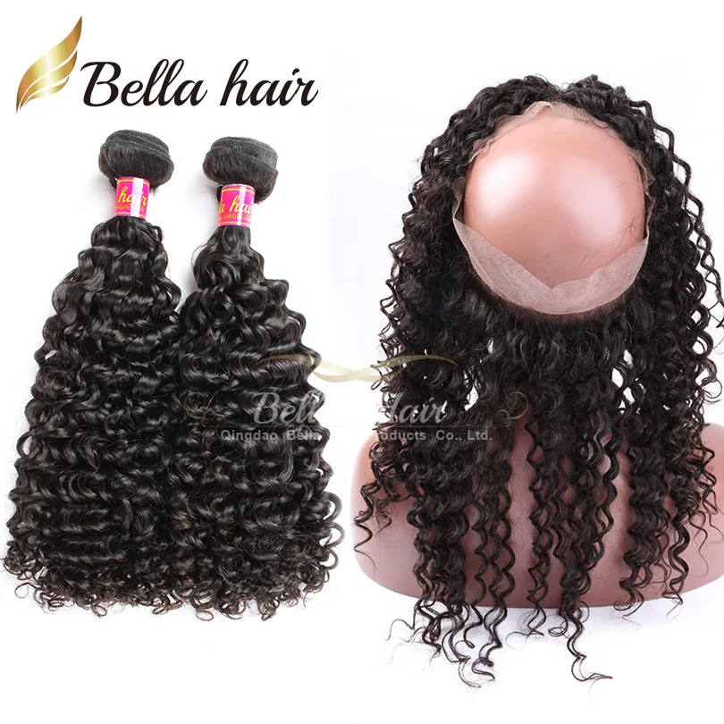 100 trames de cheveux humains vierges avec 360 dentelle frontale faisceaux de cheveux brésiliens remy extensions de cheveux humains double trame bouclés armure bellahair