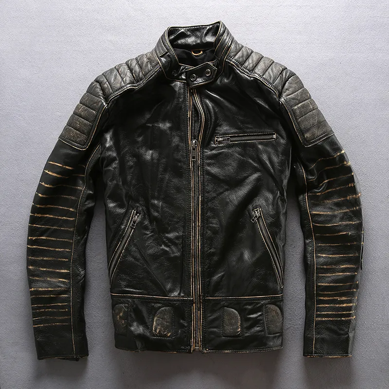 vintage black AVIREXFLY Men cow leather jacket retro stripe slim fit motorcycle leather jackets Racing jacket sale