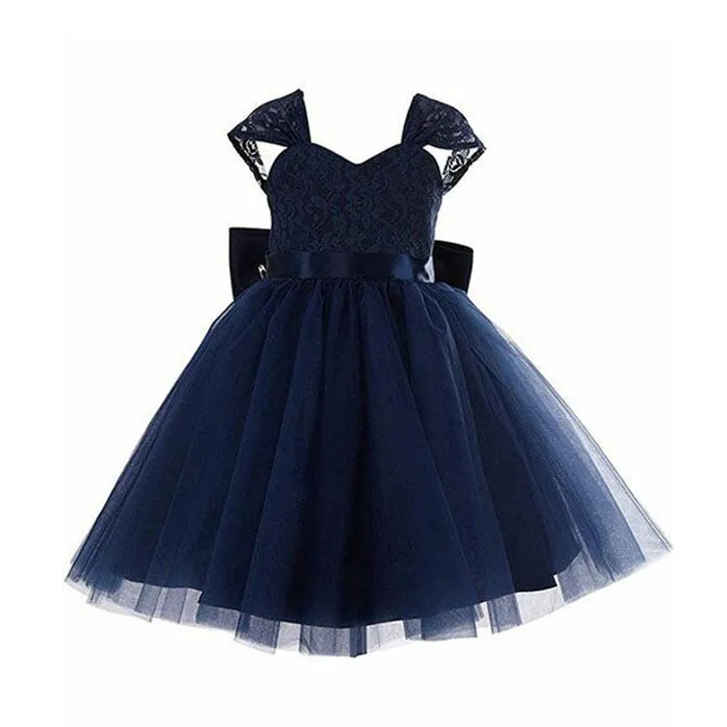 2017 Vintage Navy Blue Lace And Tulle Tea Length Flower Girl Dresses For Wedding Cheap Big Bow Sash Birthday Party Gown Custom EN9088