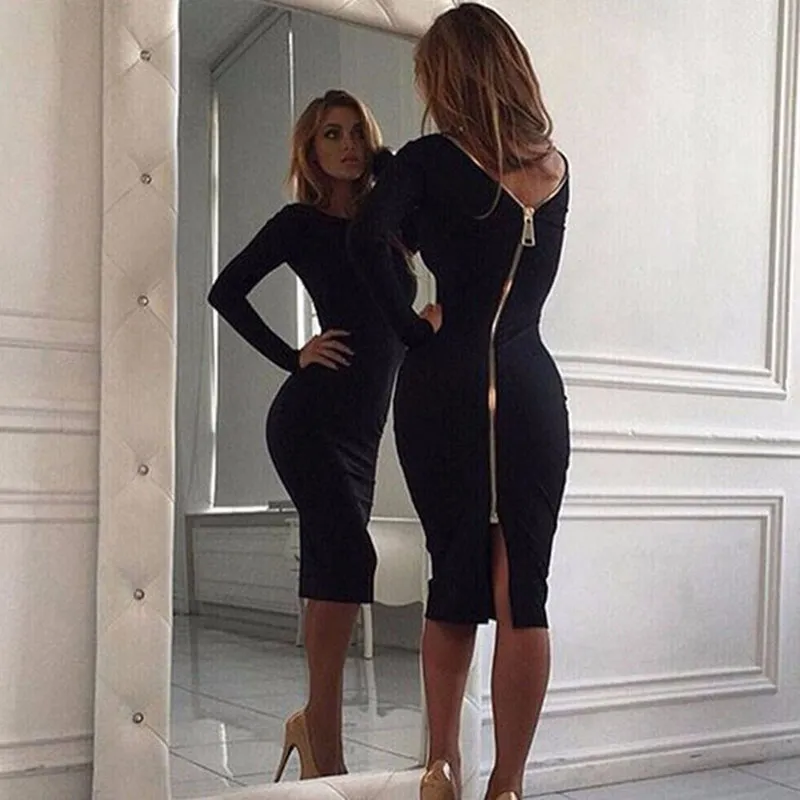 Fashion Black Long Sleeve Party Dresses Women Clothing Back Full Zipper Robe Sexy Femme Pencil Tight Dress